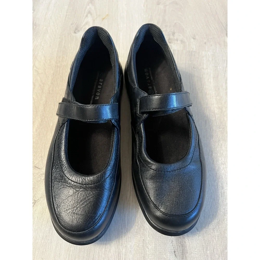 Aravon New Balance Shoes Womens 8.5 D Farah Mary Jane Black Leather Hook & Loop